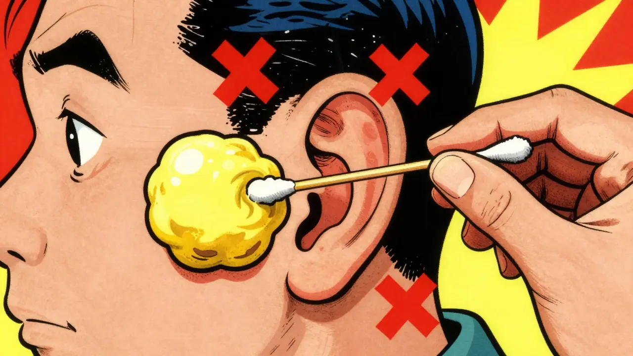 Vintage cartoon showing cotton swab pushing wax deeper into ear