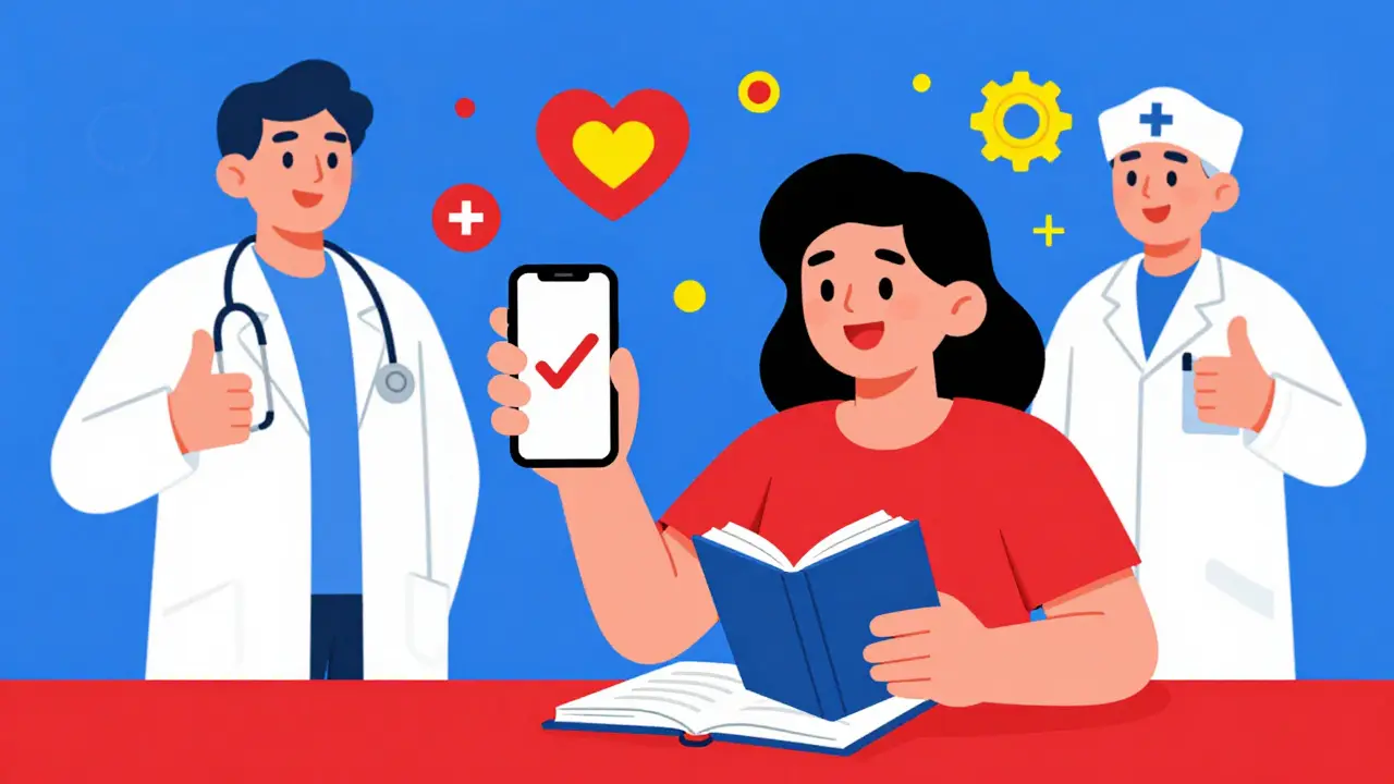 Cartoon patient reporting side effects via phone and diary