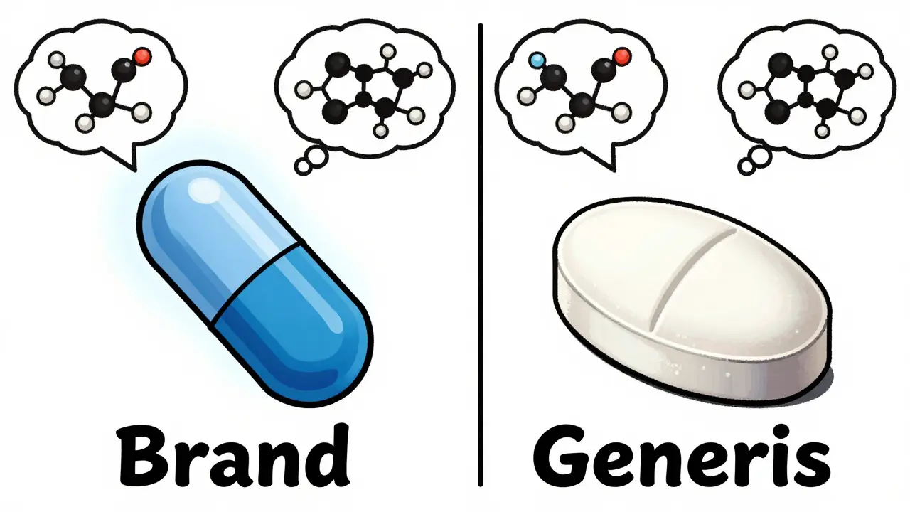 Comparison of brand name capsule and generic tablet showing same internal active ingredient.