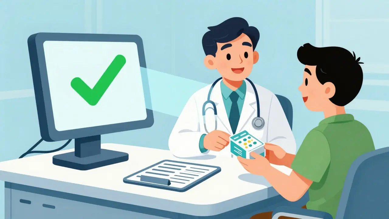 Friendly doctor handing over medication from a computer screen in a bright, safe office setting.