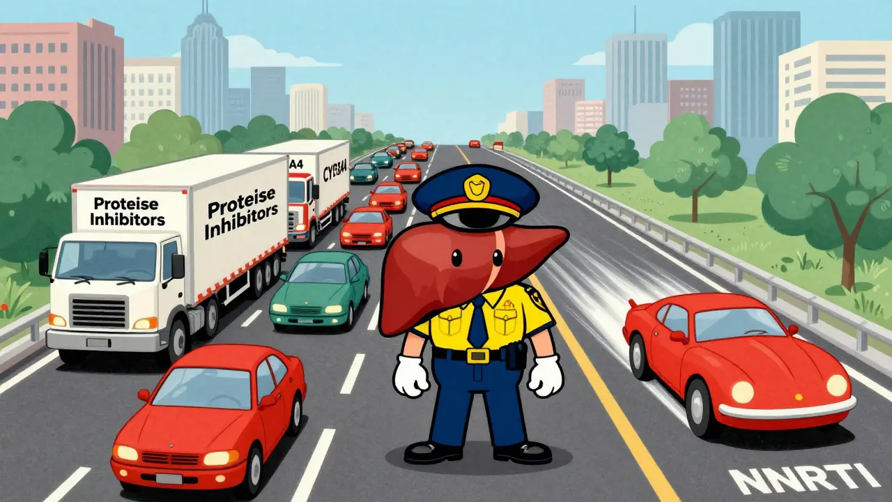 Illustration of a liver as a traffic cop managing drug metabolism roads