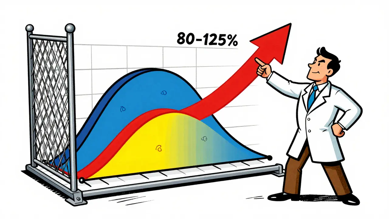 Illustration of scientist pointing to successful bioequivalence graph