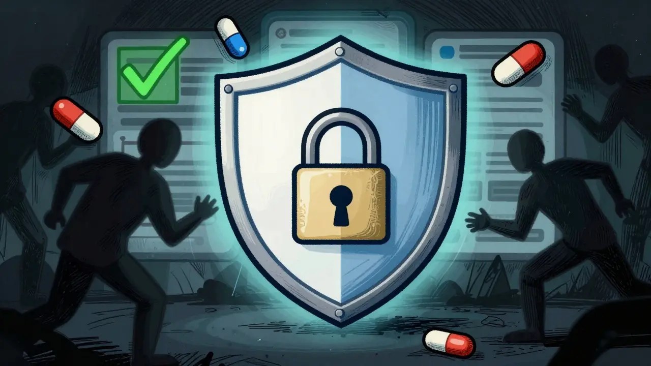 Illustration of shield protecting patient from unsafe online pharmacies