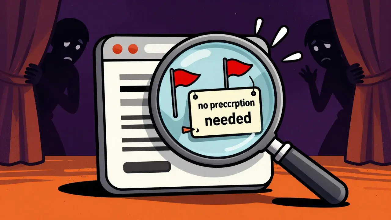 Magnifying glass revealing red flags on a suspicious website, warning against fake pharmacies.