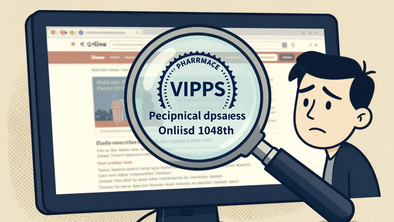 Magnifying glass verifying safe online pharmacy credentials
