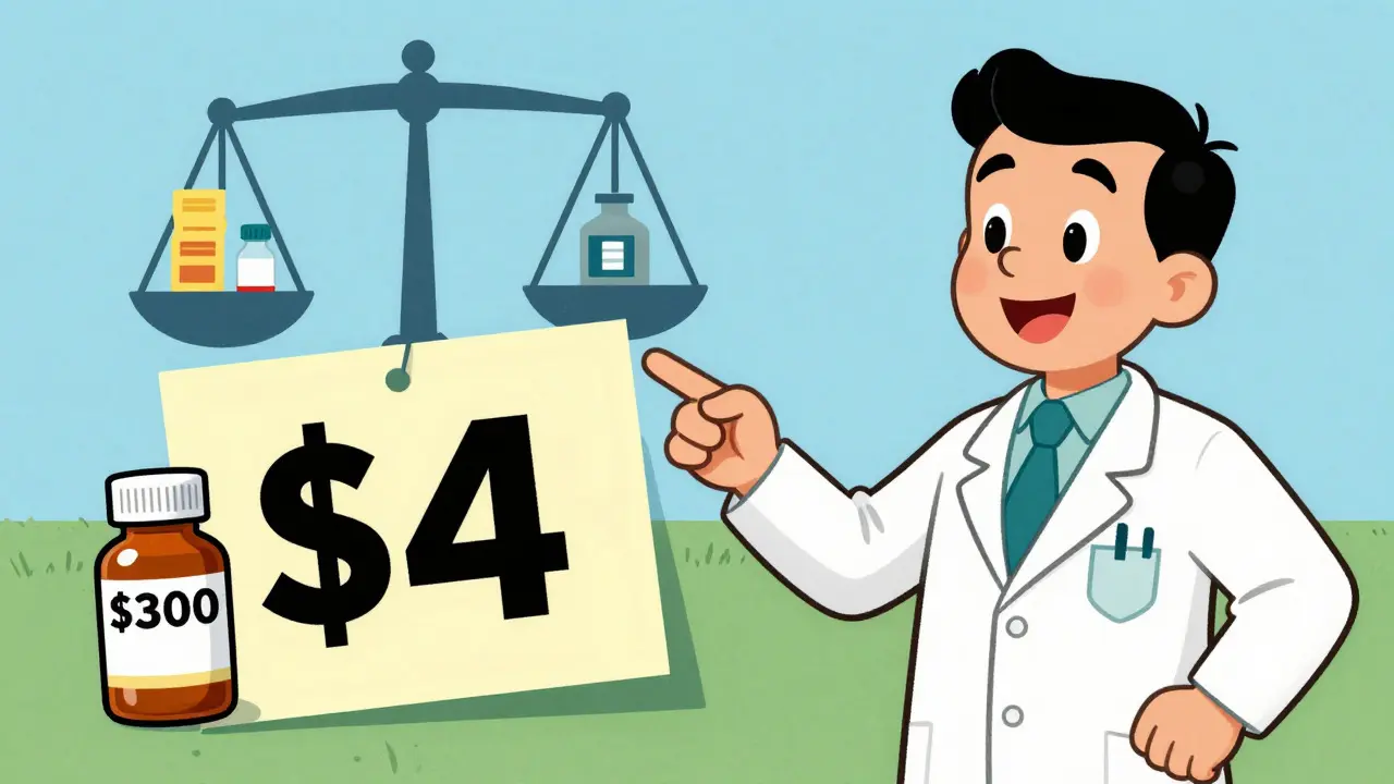 Pharmacist explaining cost difference between expensive brand drug and cheap generic alternative.