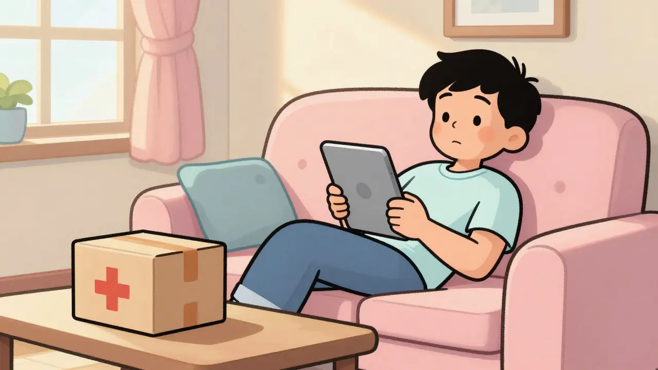 Relaxed person receiving safe medication delivery at home