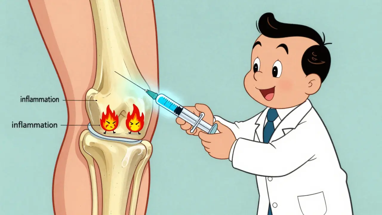 Retro cartoon doctor injecting knee, extinguishing red inflammation flames