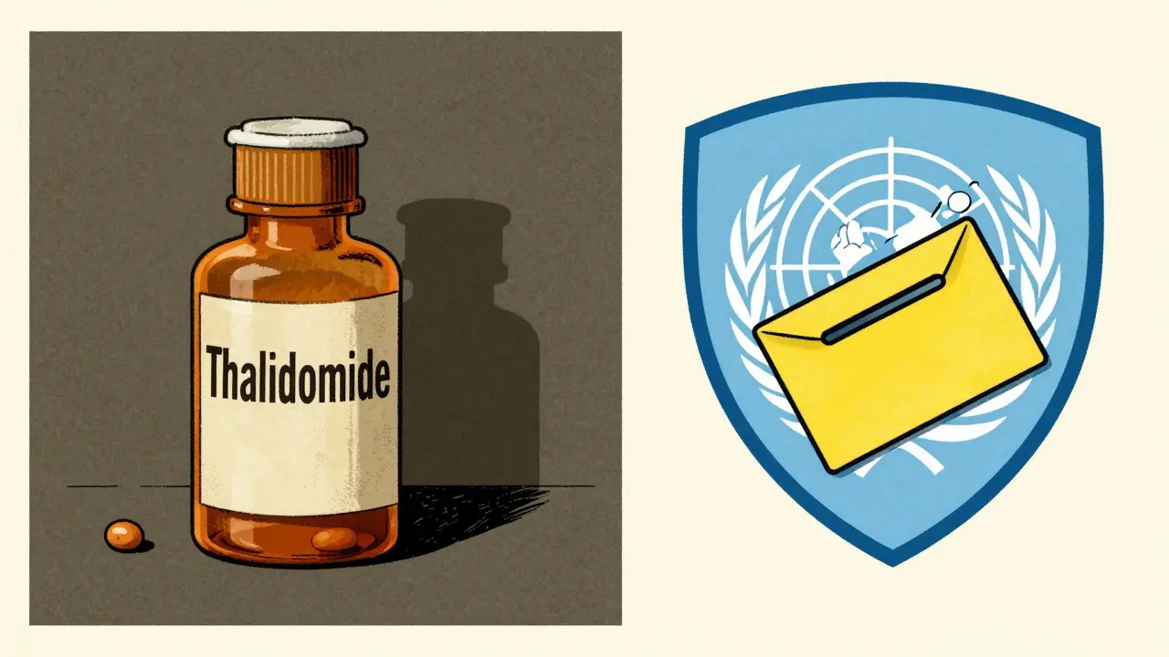 Retro illustration contrasting past drug risks with new safety systems