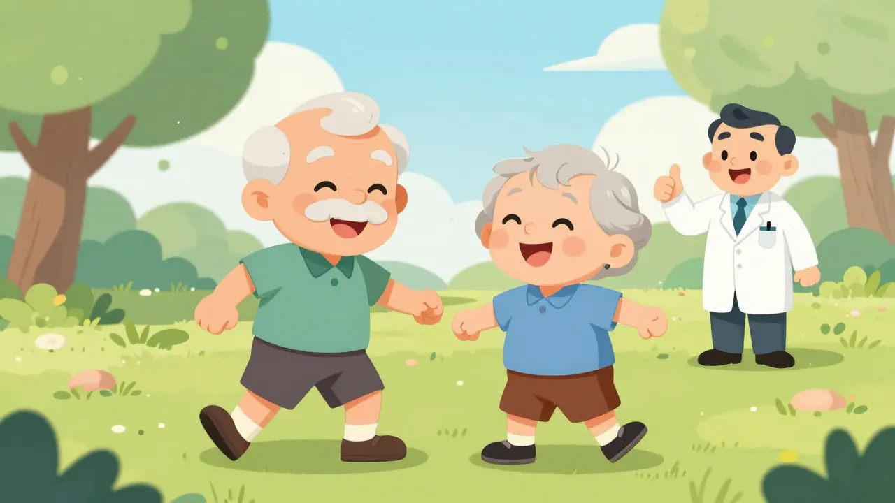 Seniors exercising happily to maintain bone health safely