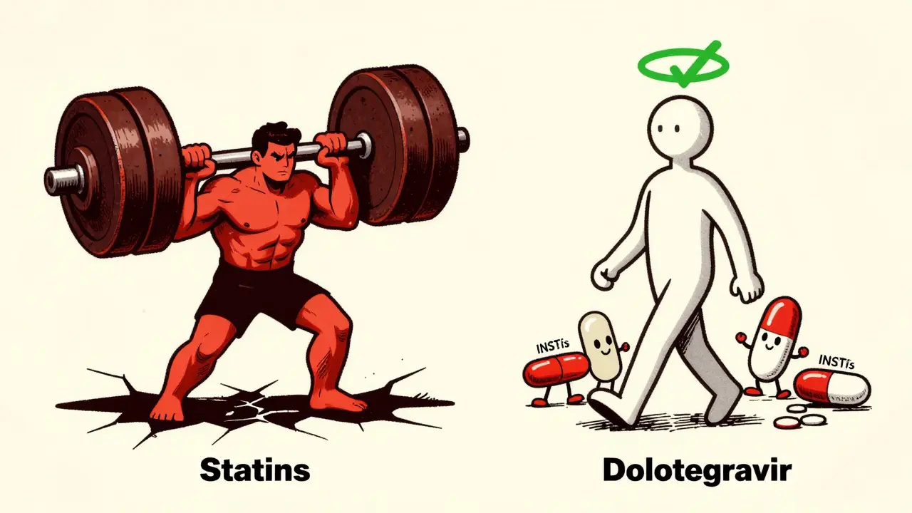 Split cartoon showing dangerous statin interaction vs safe INSTI option