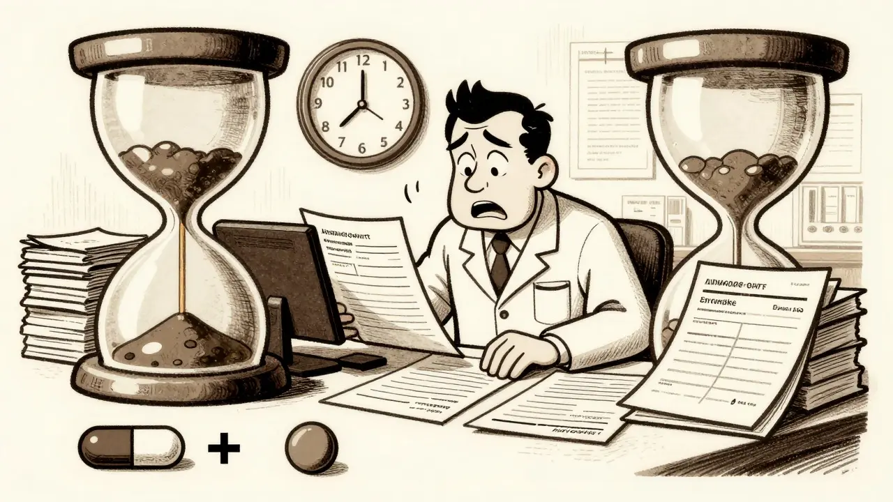 Stressed pharmacist surrounded by piles of adverse event report forms and a ticking clock