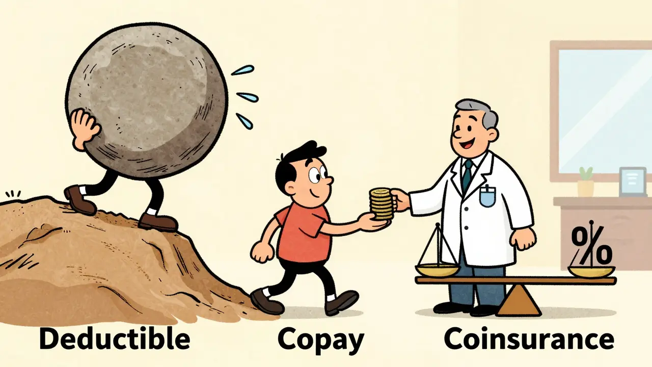 Three cartoon characters representing deductible, copay, and coinsurance