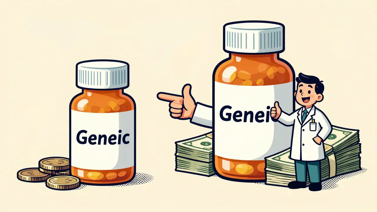 Vintage cartoon comparing cheap generic pills to expensive brand name drugs