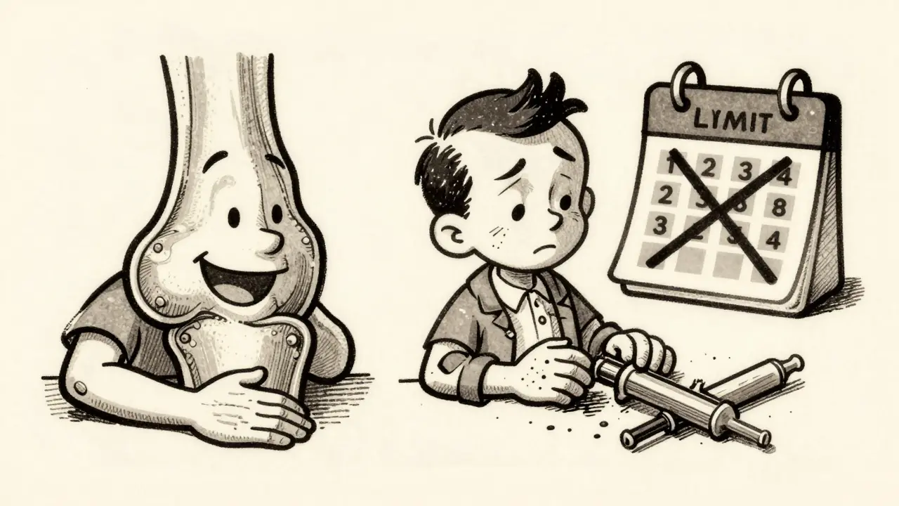 Vintage cartoon showing healthy vs damaged joint with calendar warning