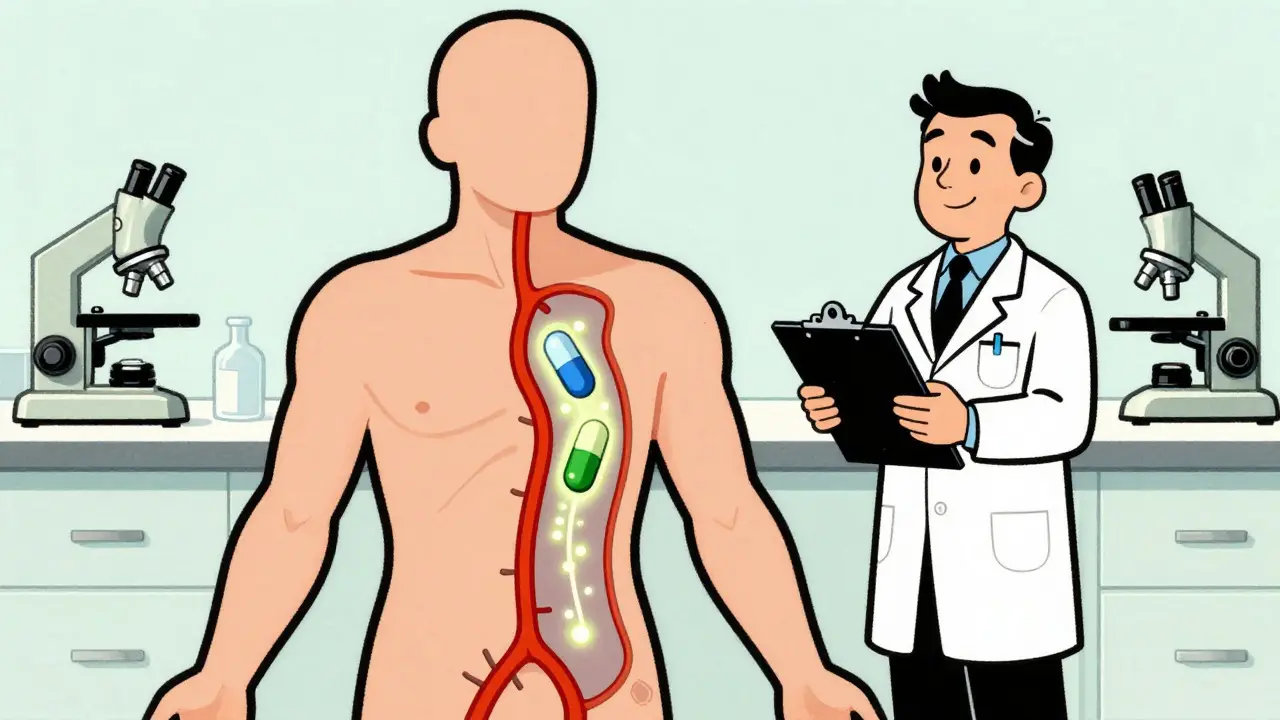 Vintage cartoon showing two pills dissolving identically in blood