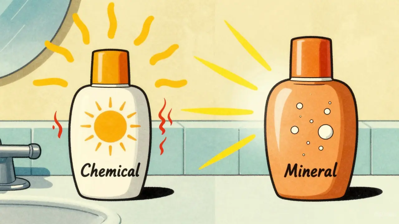 Vintage illustration comparing chemical and mineral sunscreen mechanisms