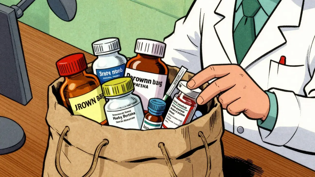 Brown bag full of meds on exam table for review