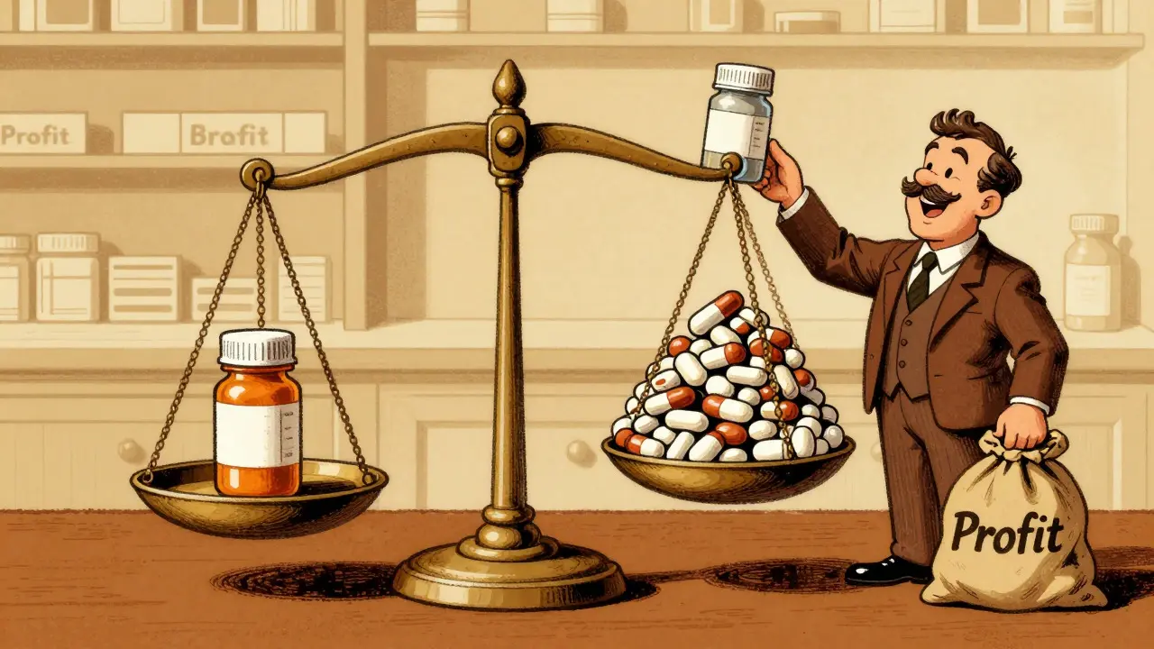 Cartoon illustrating higher profits for wholesalers on generic drugs