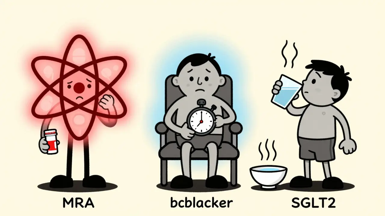 Cartoon illustration of three patients managing different heart medication risks