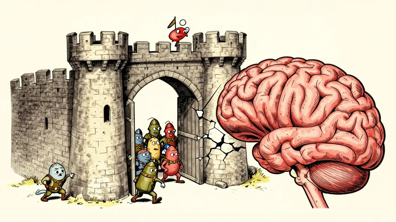 Cartoon immune cells breaching blood-brain barrier