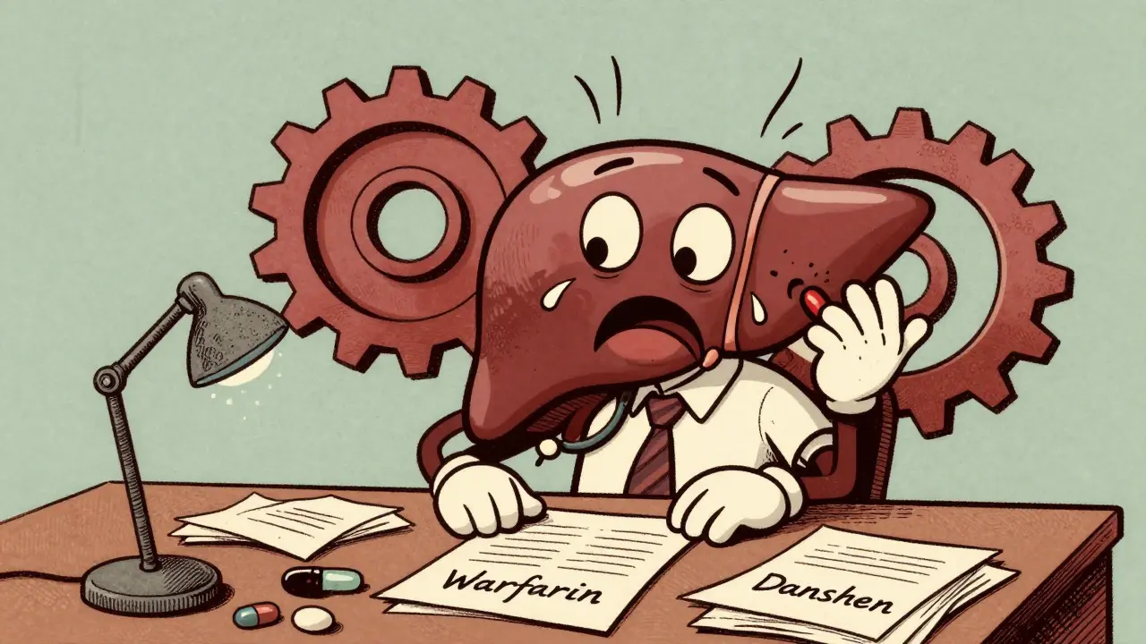 Cartoon liver struggling to process warfarin and danshen drugs