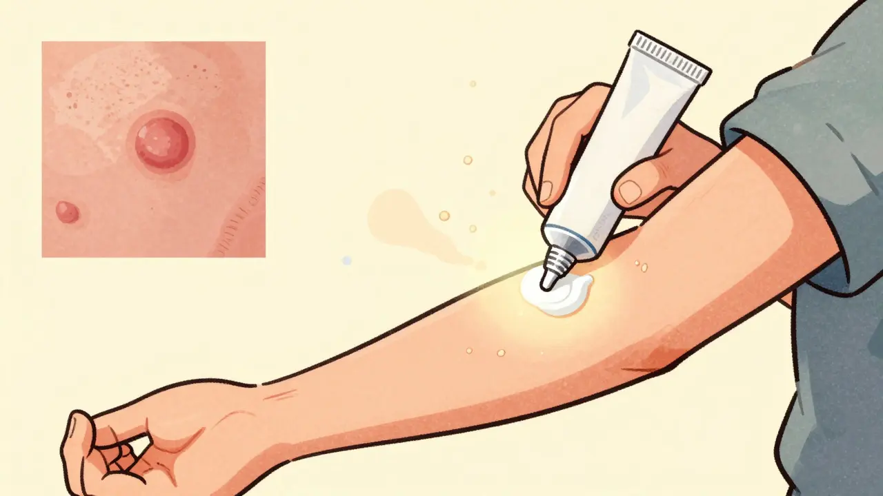 Cartoon style image of cream applied to an arm, demonstrating localized topical treatment