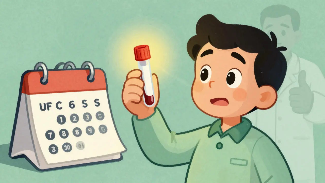 Character checking a blood test tube near a calendar in a vintage cartoon scene