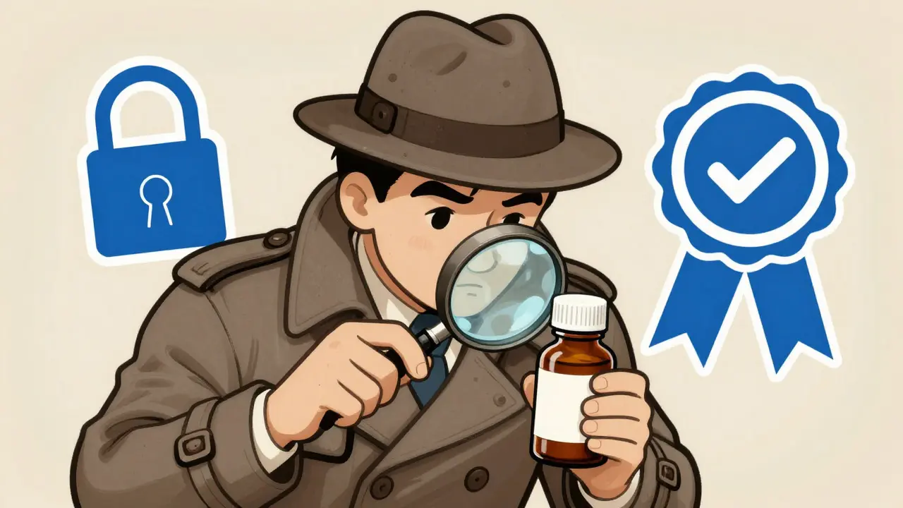 Detective-style character inspecting a medicine bottle with security symbols