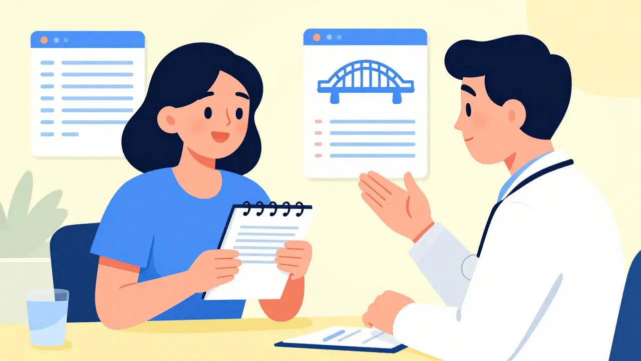 Happy patient sharing notebook with doctor