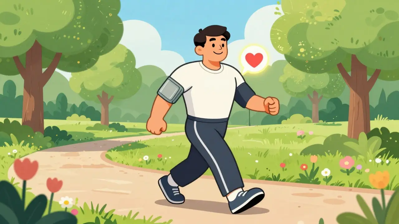 Happy person walking in park with glowing heart icon