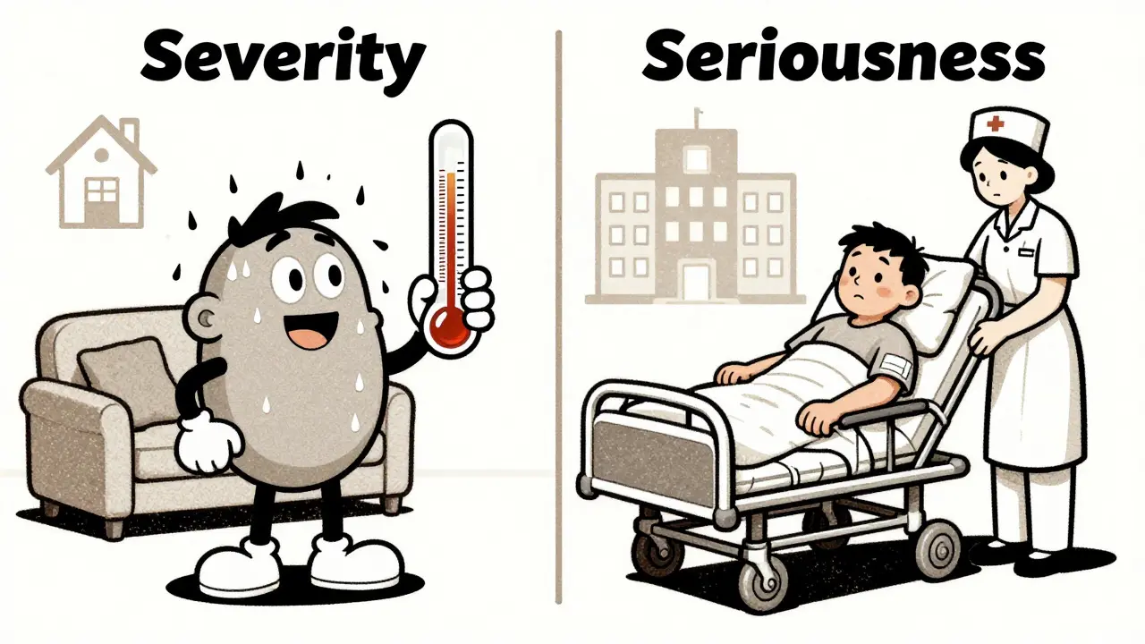 Illustration contrasting severe symptoms with serious outcomes in clinical trials
