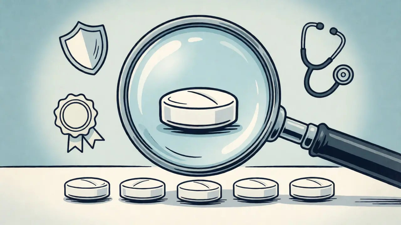 Magnifying glass inspecting pills surrounded by safety and trust icons
