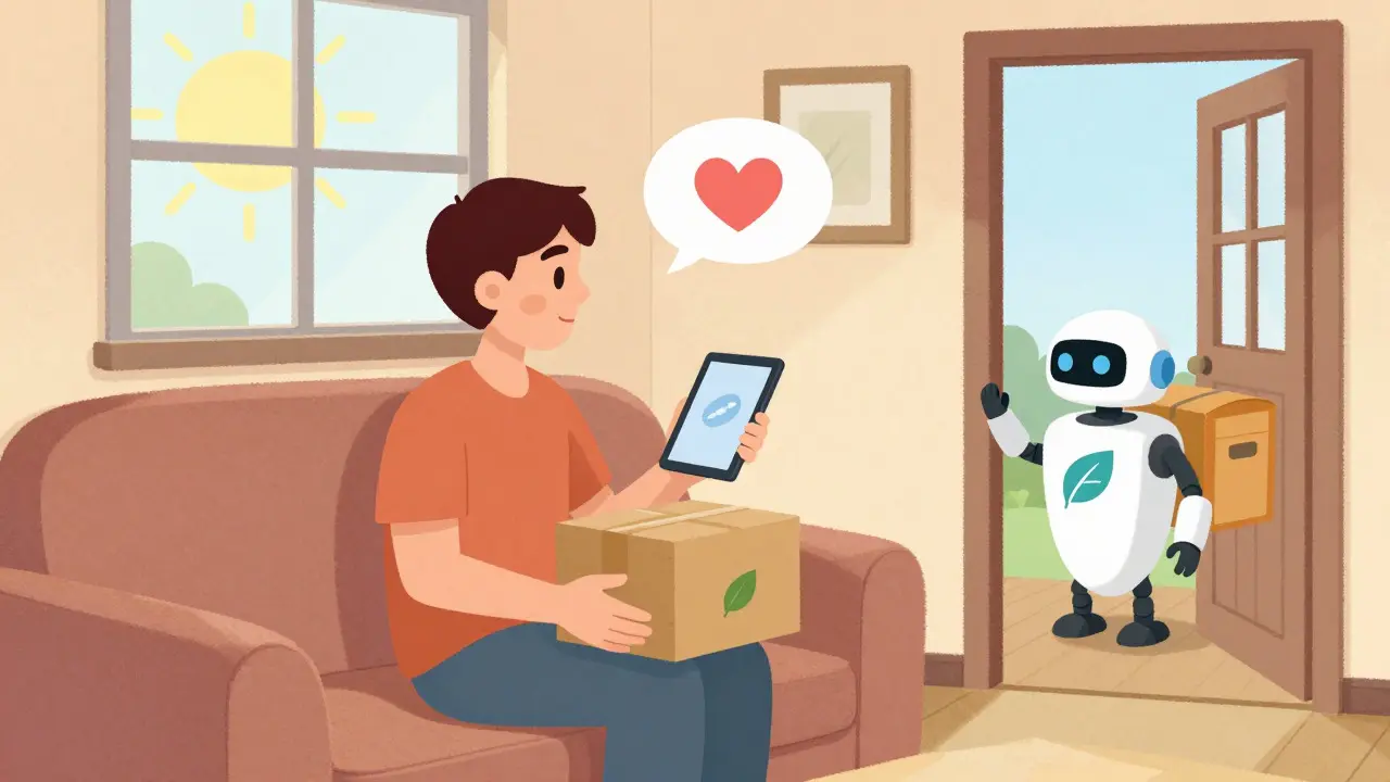 Person receiving home medication delivery in a cozy vintage cartoon scene