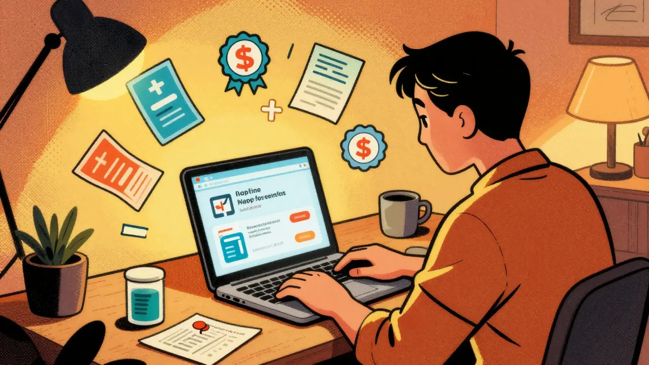 Person shopping for online meds on a laptop with floating coupon icons in vintage style