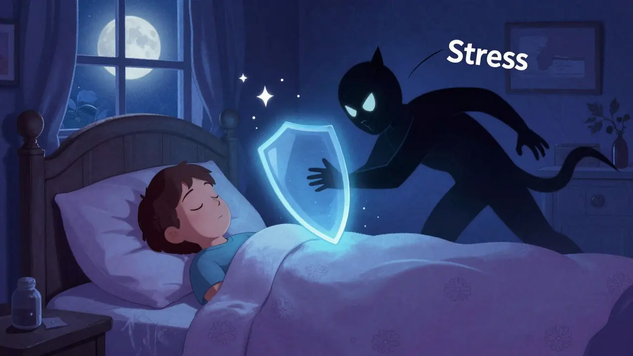 Person sleeping peacefully while stress shadow retreats