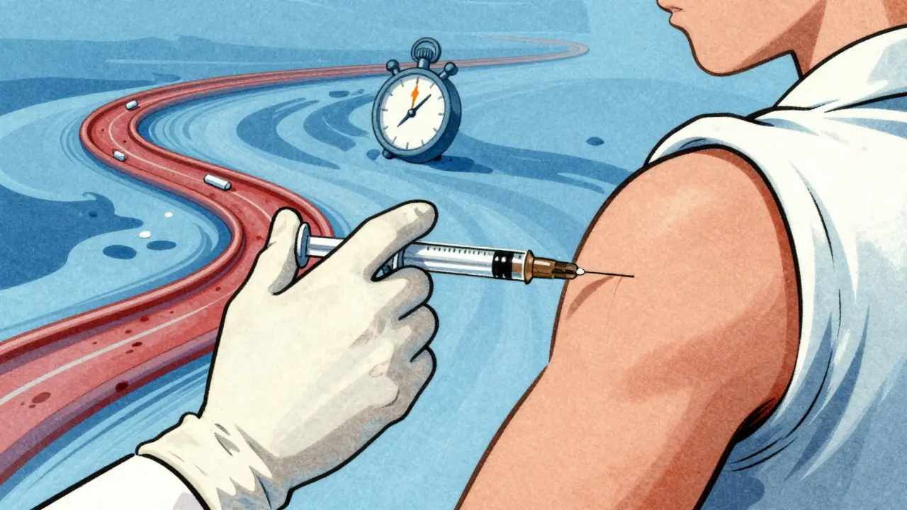 Retro illustration of a syringe injecting medicine, showing fast bloodstream absorption