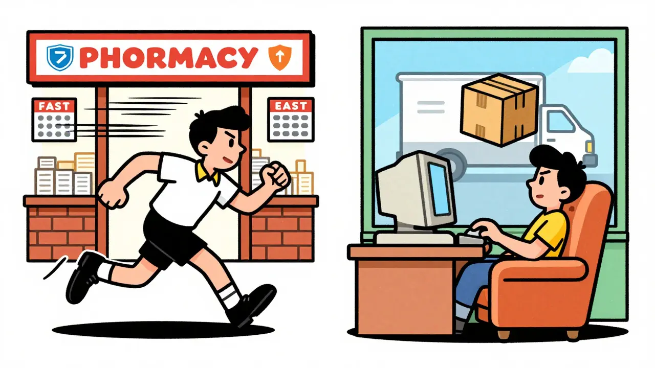Split scene comparing rushing to a store vs relaxing with online delivery
