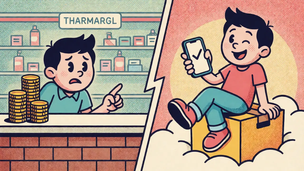 Split scene contrasting stressful pharmacy visit with easy online delivery comfort