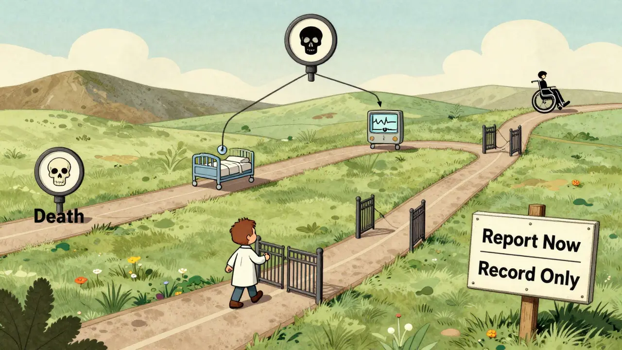 Vintage cartoon depiction of a decision tree for classifying adverse events