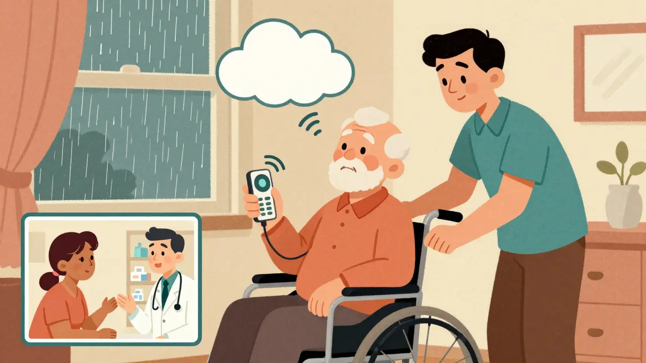 Vintage cartoon of an elderly patient using remote monitoring with family support