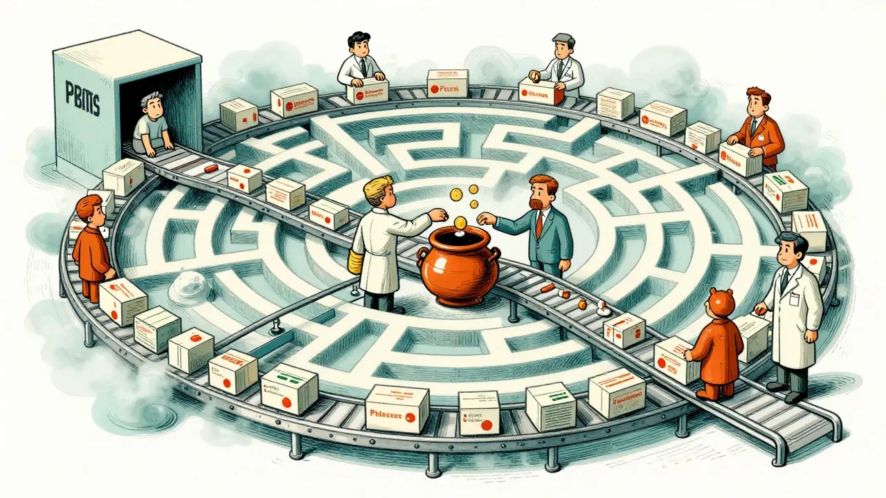 Vintage illustration of the complex opaque drug distribution maze
