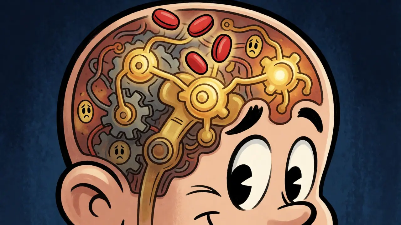 Cartoon cross-section of a head showing opioid receptors dimming as pills accumulate, symbolizing neuroadaptation.