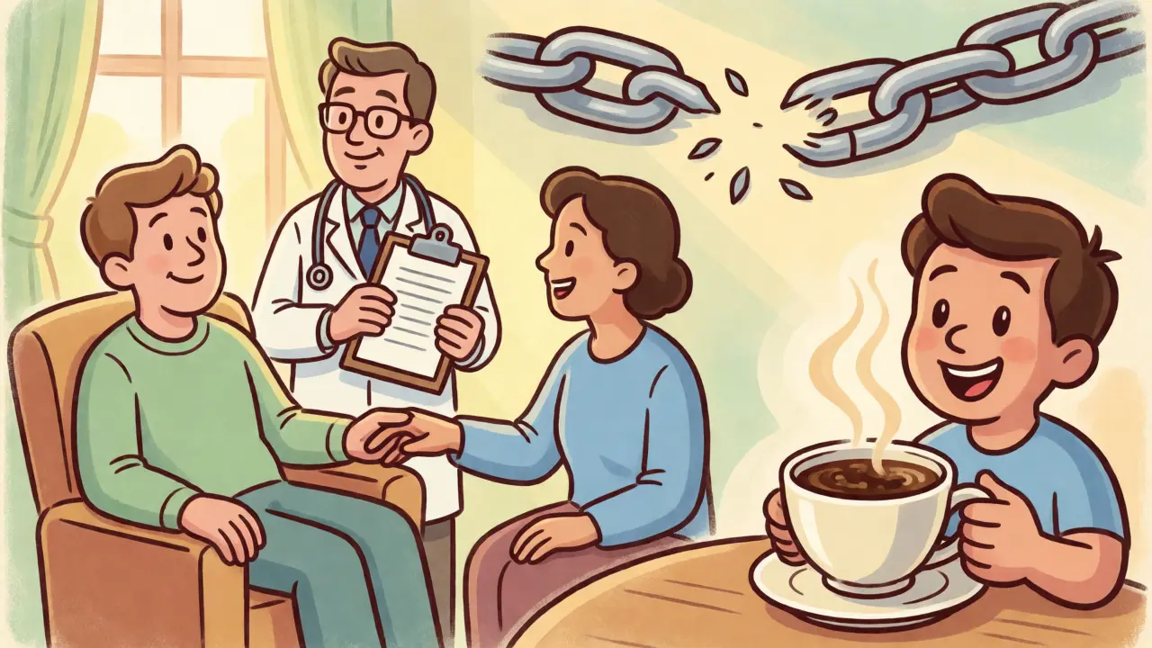 Patient receiving care from doctor and therapist, with a broken chain and happy coffee moment, signifying recovery.